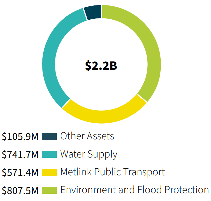 Property plant and equipment asset value by Activity Group: Other Assets $105.9M, Water Supply $741.7M, Metlink $571.4M, Environment and Flood Protection $807.5M